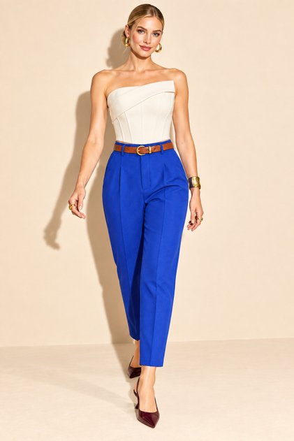 Cobalt Blue Belted Pleated Carrot Pants
