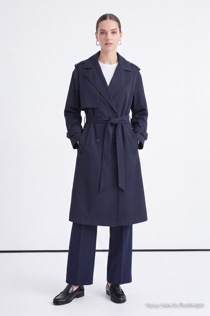 Double Breasted Oversize Navy Blue Trench Coat 14238