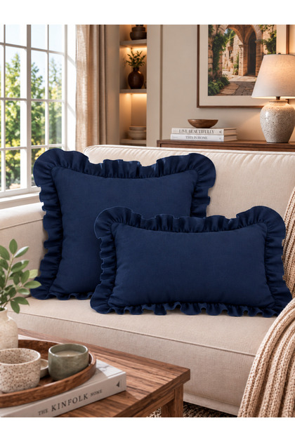 İnci Vintage Ruffled Navy Blue Throw Pillow Cover 1 Pc
