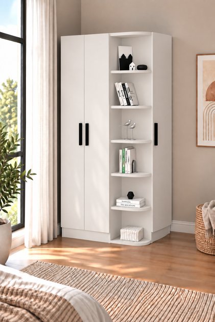 Luses 90 cm 3 Kapaklı Gardırop Beyaz | 11 Raflı Elbise Kıyafet Dolabı