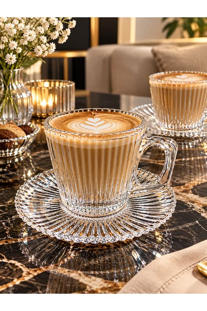 Kulplu ve Tabaklı Kristal Çay - Kahve Kupası 12 Parça 6 Kişilik