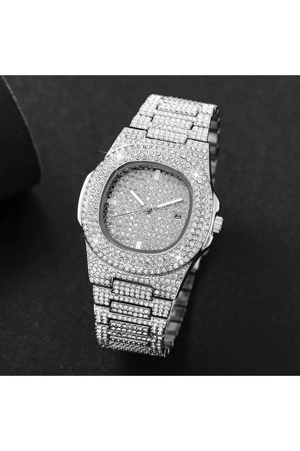 Silver Luxury Full Diamond Men's Stainless Steel Watches Male Sports Quartz Wristwatch with Calendar