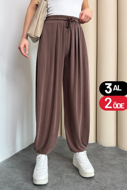 Kadın Stirrup Model Rahat Kesim Modal Şalvar 6002 Kahverengi - Premium Seri