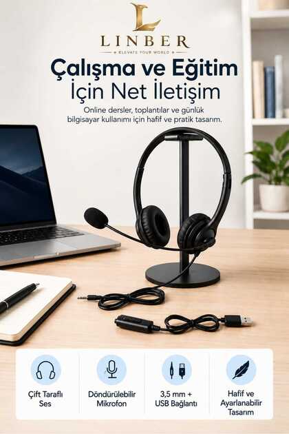 Mikrofonlu Kablolu Bilgisayar Kulaklığı – 3,5 mm Jack ve Çıkarılabilir USB Adaptörlü, Çift Kulaklı, Ayarlanabilir Ofis ve Eğitim Kulaklığı Siyah