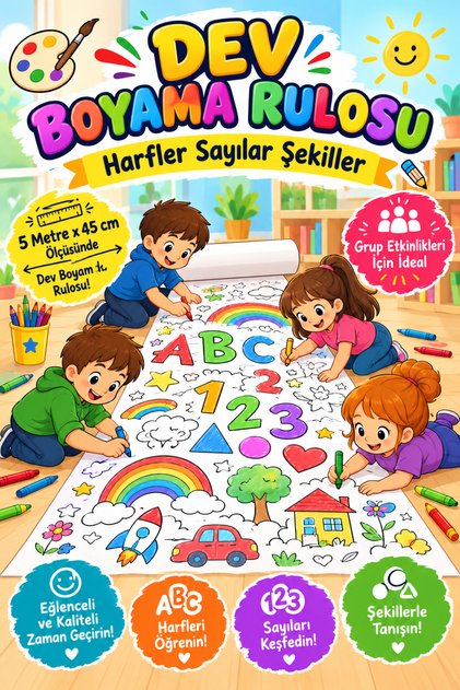 Alfabe, Harfler, Sayılar, Şekiller Dev Boyama Kağıdı Boyama Rulosu Büyük Boy 5 Metre