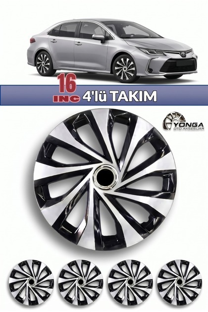 TOYOTA COROLLA 16 İnç Jant Kapağı 4'lü Set Siyah Gümüş + 4 Amblem + 8 Cırt Kelepçe