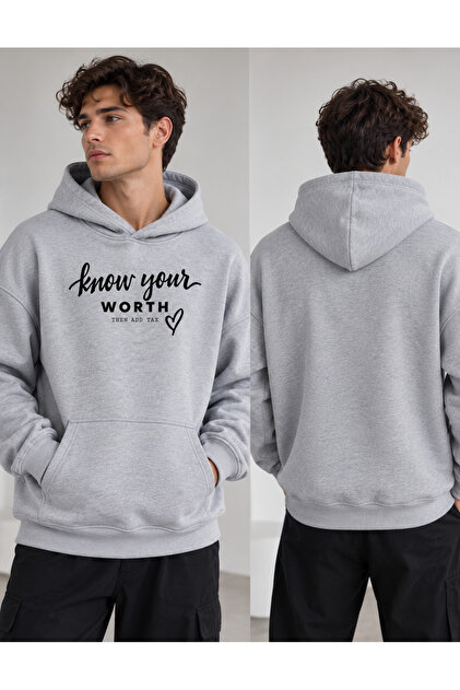 Women's Men's Unisex Oversize Hooded Sweatshirt Know Your Worth Printed Combed Cotton Hoodie with Kangaroo Pocket