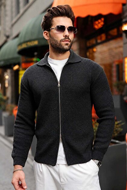 Anthracite Double Zipper Knitted Stand Collar Men's Knitwear Cardigan E7521