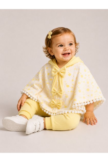 Pompom Detailed Heart Patterned Baby Poncho Set Long Sleeve Badi 0-18 Months Baby Girl Set 100% Cotton