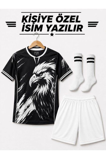 İsim Yazılır Kartal Desen Siyah-beyaz Çocuk Futbol Forması Takımı Çorap Hediyeli