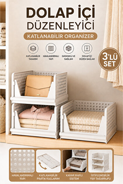 3'lü Dolap İçi Düzenleyici Katlanır Organizer - Katlanabilir Kayar Raf İstiflenebilir Kıyafet Eşya Düzenleyici