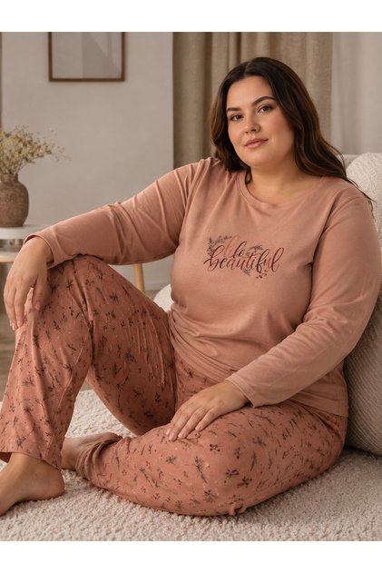 Women's Long Sleeve Crew Neck Plus Size Kokina Floral Pattern Cotton Pajama Set