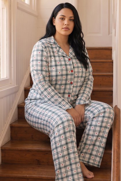 Plaid Patterned Thermal Fabric Ultra Soft Soft Plus Size Oversized Buttoned Knitted Pajama Set