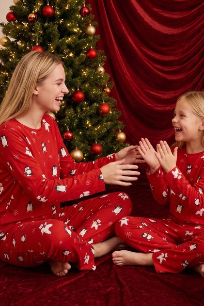 Red Christmas Themed Patterned Thermal Fabric Ultra Soft Knitted Pajama Set