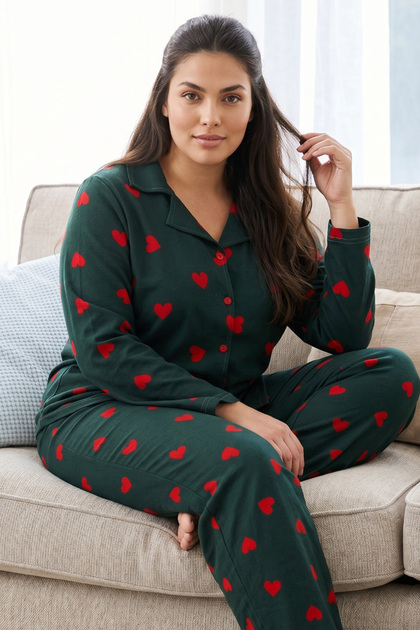 Green Patterned Thermal Fabric Ultra Soft Plus Size Oversized Buttoned Knitted Pajama Set