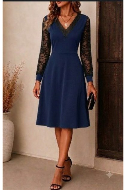 Women's Long Sleeve V Lace Collar Short Janjan Crepe Dress