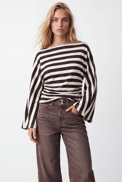 Women's Brown Boat Neck Gathered Waist Thick Striped Draped Knitted Blouse Alc-X15727