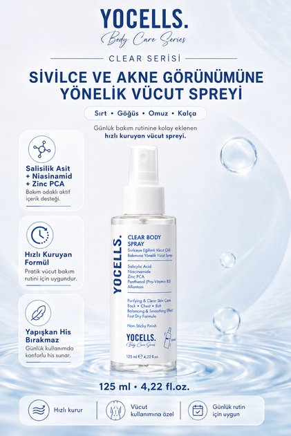 Sırt Göğüs Kalça Sivil.ce ve Akne Görünümüne Yönelik Vücut Spreyi Salisilik Asit Niasinamid Zinc PCA 125 ml