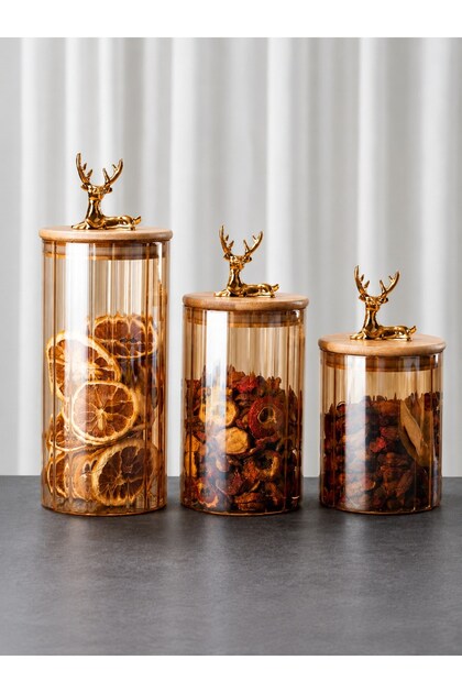 3-Piece Bamboo Deer Lid Vacuum Borosilicate Glass Set (1100Ml-950Ml-780Ml)