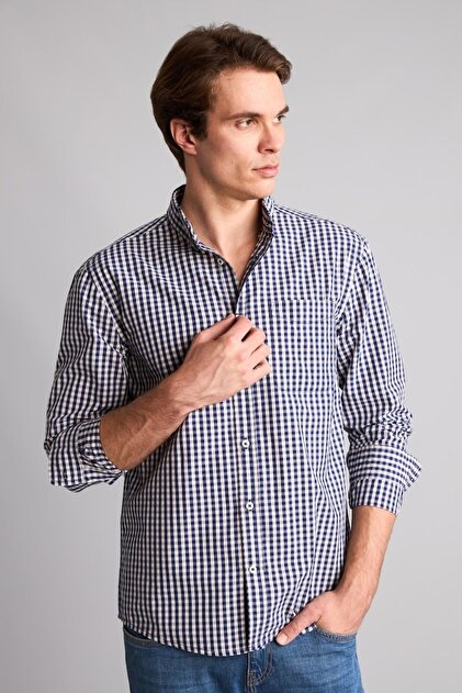 Regular Fit Classic Collar Checkered Poplin Long Sleeve Shirt H4805Ax26Au