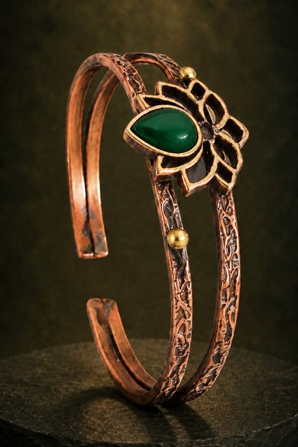 Green Agate Stone Flower Motif Pure Copper Women's Bracelet Handmade Adjustable Clasp