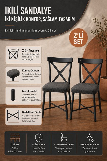 2'Lİ Set Premium X Sandalye Çalışma & Mutfak & Balkon Sandalyesi Metal Gövdeli Sandalye