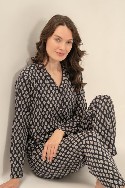 Women's anthracite long sleeve shirt pajama set, pocketed, shirt collared, 50% cotton 50% modal fabric