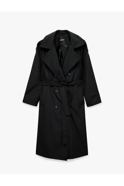 Wide Collar Long Sleeve Pocketed Buttoned Belted Double Breasted Gabardine Long Trench Coat