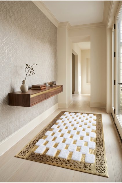 Beyaz Renkli Gold Varaklı Lazer Kesim Peluş Yolluk ve Oturma Odası Halısı