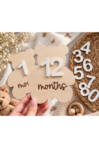 Baby 1-12 Months Monthly Memory Plaque Teddy Bear Model Wooden Photo Shooting Set with Interchangeable Figures