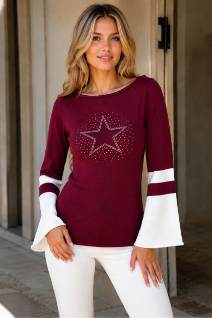 Women's Boat Neck Spanish Sleeve Stone Star Detailed Relaxed Fit Modern Stylish Casual Burgundy White Knitwear Sweater