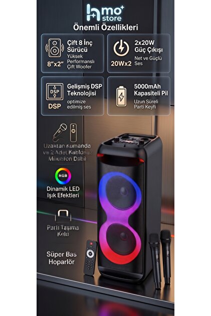 4000w Ultra Temiz Yüksek SES DSP Teknolojili 5000mAh Şarjlı Çift Mikrofonlu Karaoke Hoparlörü