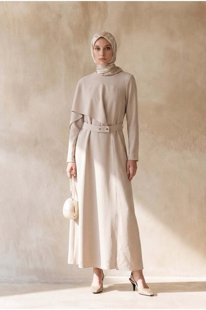 Asymmetrical Layered Detailed Belted Long Sleeve Hijab Dress
