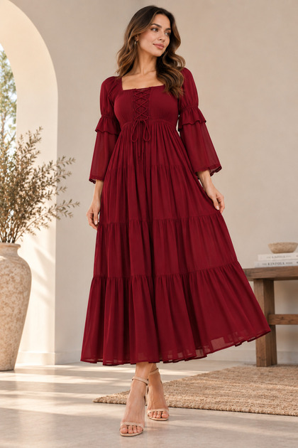 Soft Summer Countryside Style Midi Dress with a Loose Fit, Front Tie Detail, and Drop Sleeves.