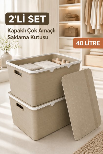 2-Piece 40 L Storage Box with Lid Multi-Purpose Plastic Organizer Organizer Box