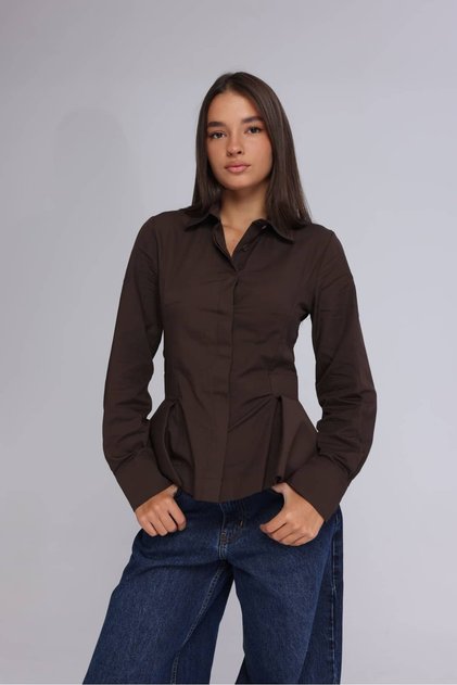 Women's Brown Waist Accent Corset Form Long Sleeve Shirt
