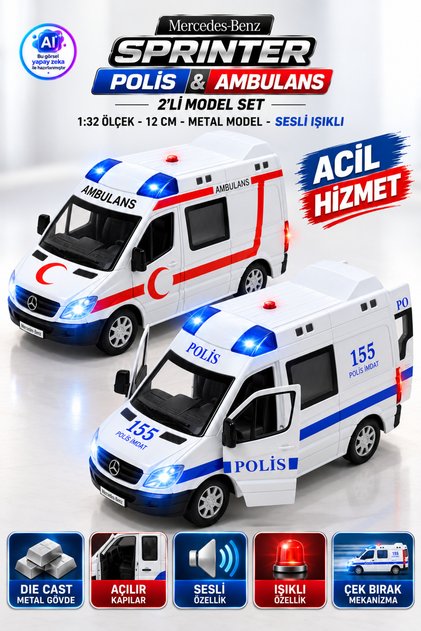 Die Cast Mercedes-Benz Sprinter Polis Ambulans 2’li Set 12cm – 1:32 Ölçek Sesli Işıklı Açılır Kapılı Çek Bırak Metal Model Araba
