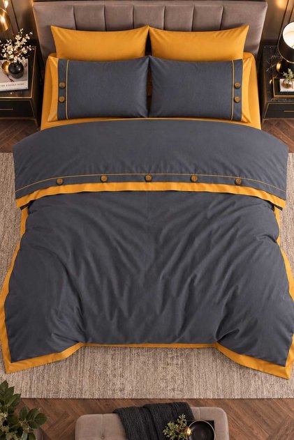 Orlina Decorative Button Detailed 100% Cotton 6 Piece Double Sports Stylish Duvet Cover Set