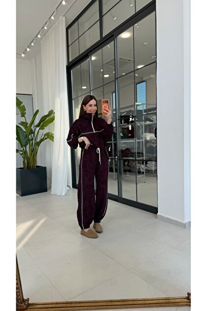 Jogger Ribbed Zippered Tracksuit Set Claret Red