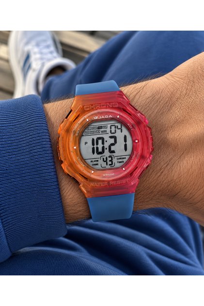 Sports Digital Men's Wristwatch, Blue Silicone Cord, Pool Sea Use, Alarm, Lighting, Stopwatch, Stylish Gift Package