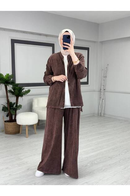 Lina Füme Şıklık Penye Takım – Kadın Oversize Rahat Kesim Üst Pantolon İkili Takım