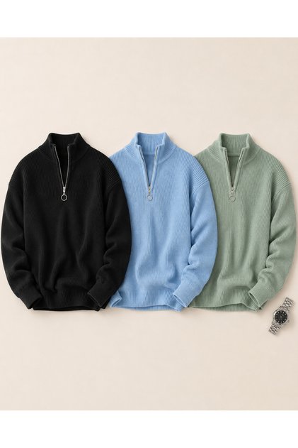 Men's 3-Piece Half-Zip Ribbed Knit Sweater Set