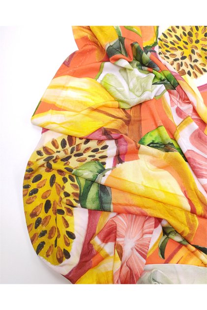85% Rayon 15% Elastane Thin Flexible Sandy-Like Jersey Fabric with Fruit Pattern on Orange Color for Dressmaking & B