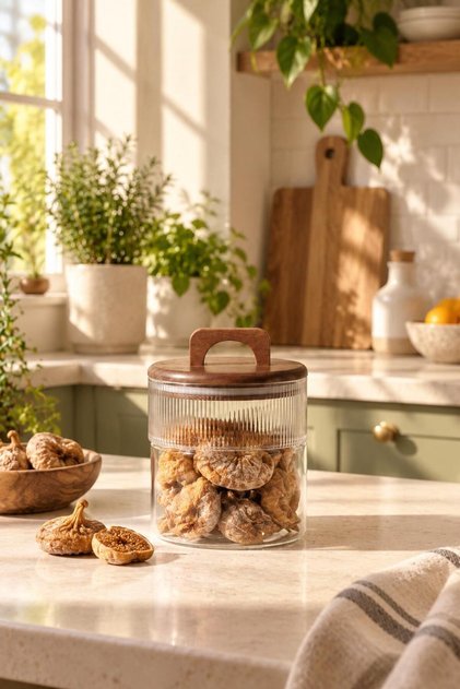 Acacia Lid Borosilicate Glass Jar – Striped Transparent Kitchen Storage Jar with Wooden Handle