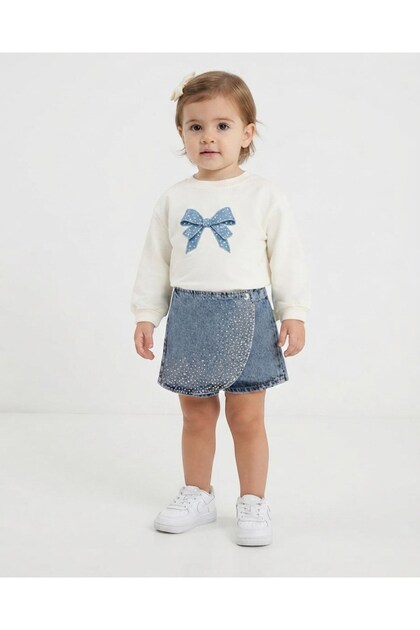 Girl Child 2-3-4-5 Years Old Stylish 2-Piece Set with Stoned Denim Shorts, Skirt and Bow Blouse