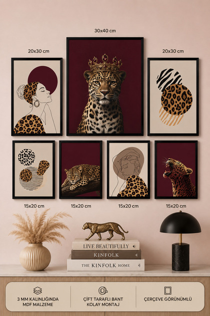 7'li Çerçeve Görünümlü Modern Tablo Seti | Retro & Pop Art - Leopar Temalı | Salon, Ofis, Mutfak ve Çalışma Odası Duvar Dekoru
