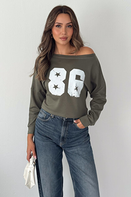 Women's 86 Printed Boat Neck Long Sleeve Crop Blouse