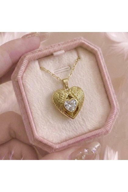 Angel Heart Locket Kolye - Çelik Melek Kanadı Detaylı Açılabilir Anı Kolyesi