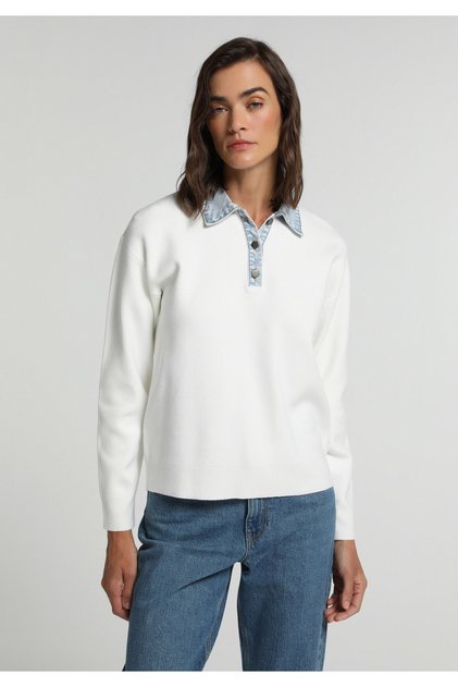 Regular Fit Polo Neck Plain Women's White Sweater