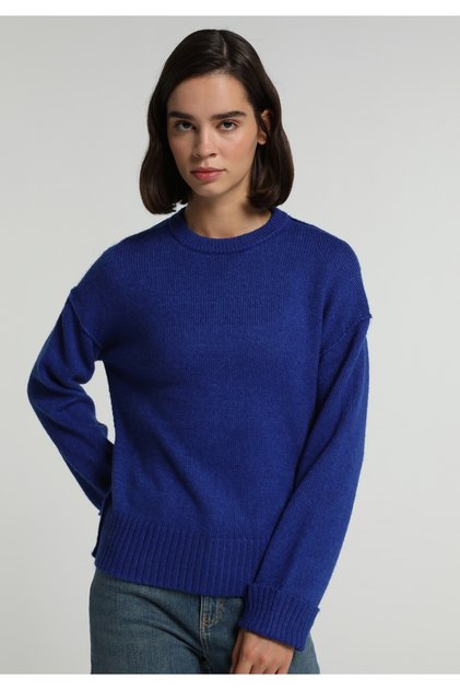 Regular Fit Round Neck Plain Women's Blue Sweater